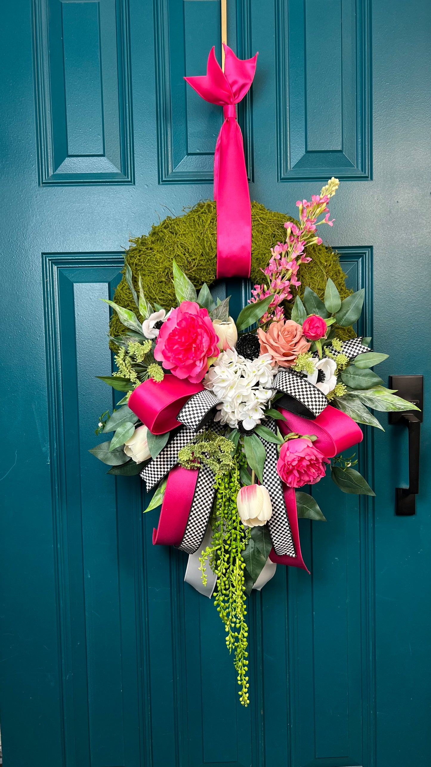 Hot Pink & Checkered Door Wreath | Vibrant Summer Wreath with Peonies & Tulips