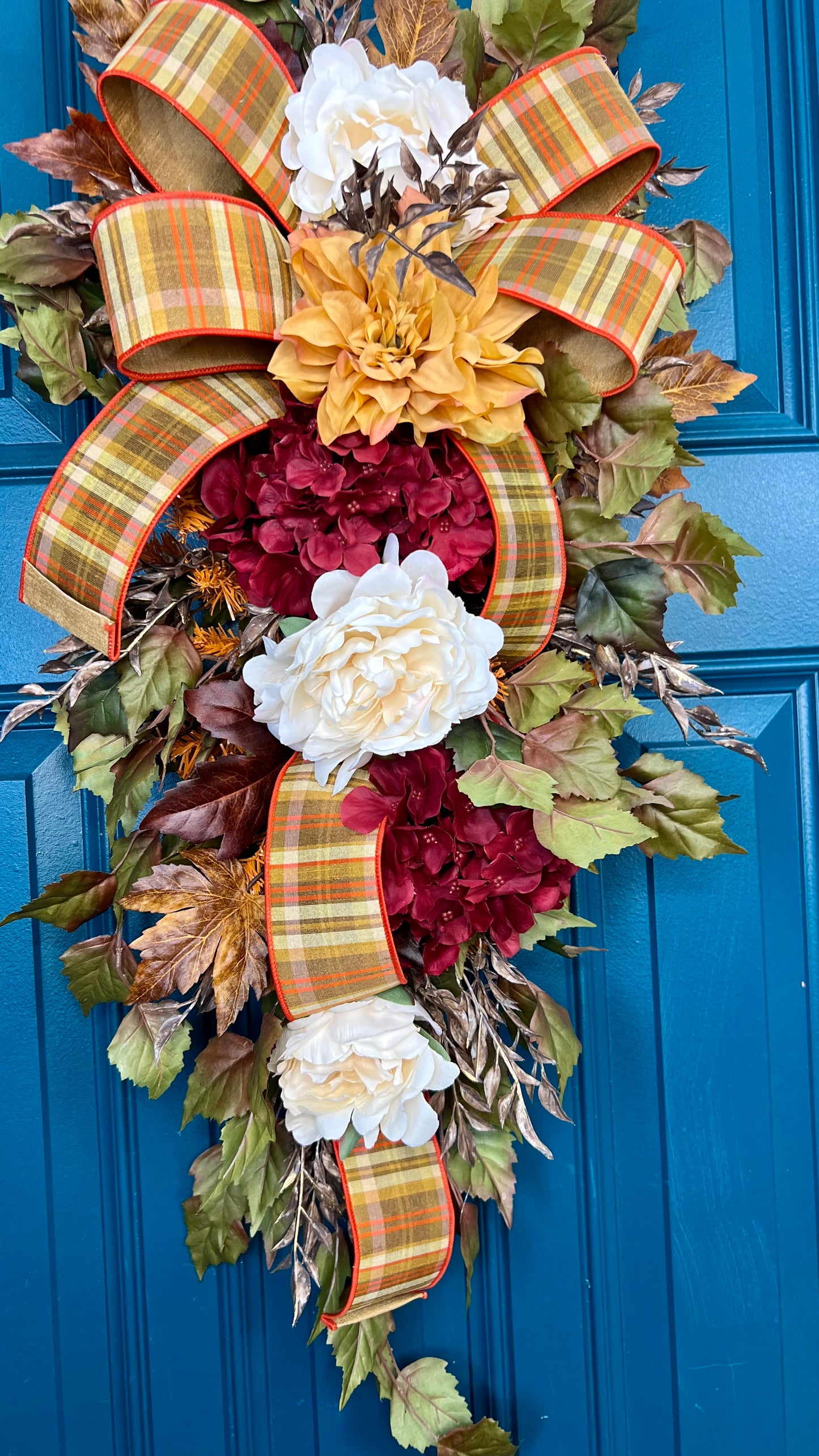 Fall Door Swag with Hydrangeas and Dahlias