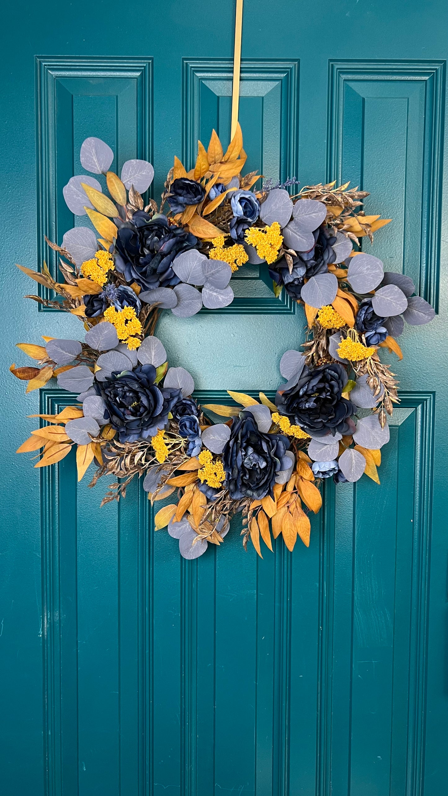 Fall Harvest Wreath, 23” Handmade Autumn Door Decor, Blue and Mustard Eucalyptus, Rust Farmhouse, Front Door Wreath, Fall Housewarming Gift