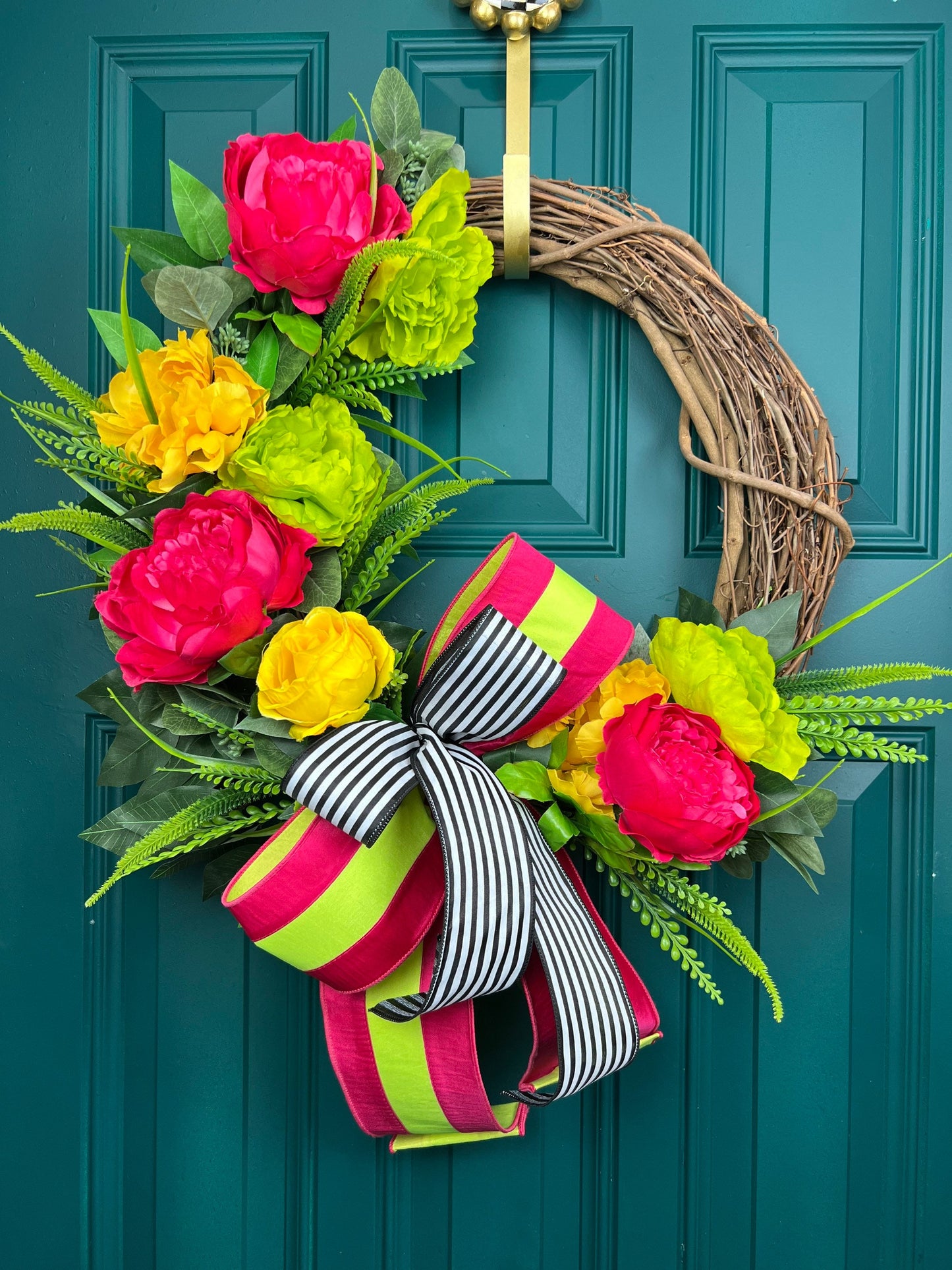 Summer Wreath for Front Door, Hot Pink and Lime Green Wreath, Peony Wreath, Summer Porch Decor, Welcome Summer Home Decor, Double Door Decor