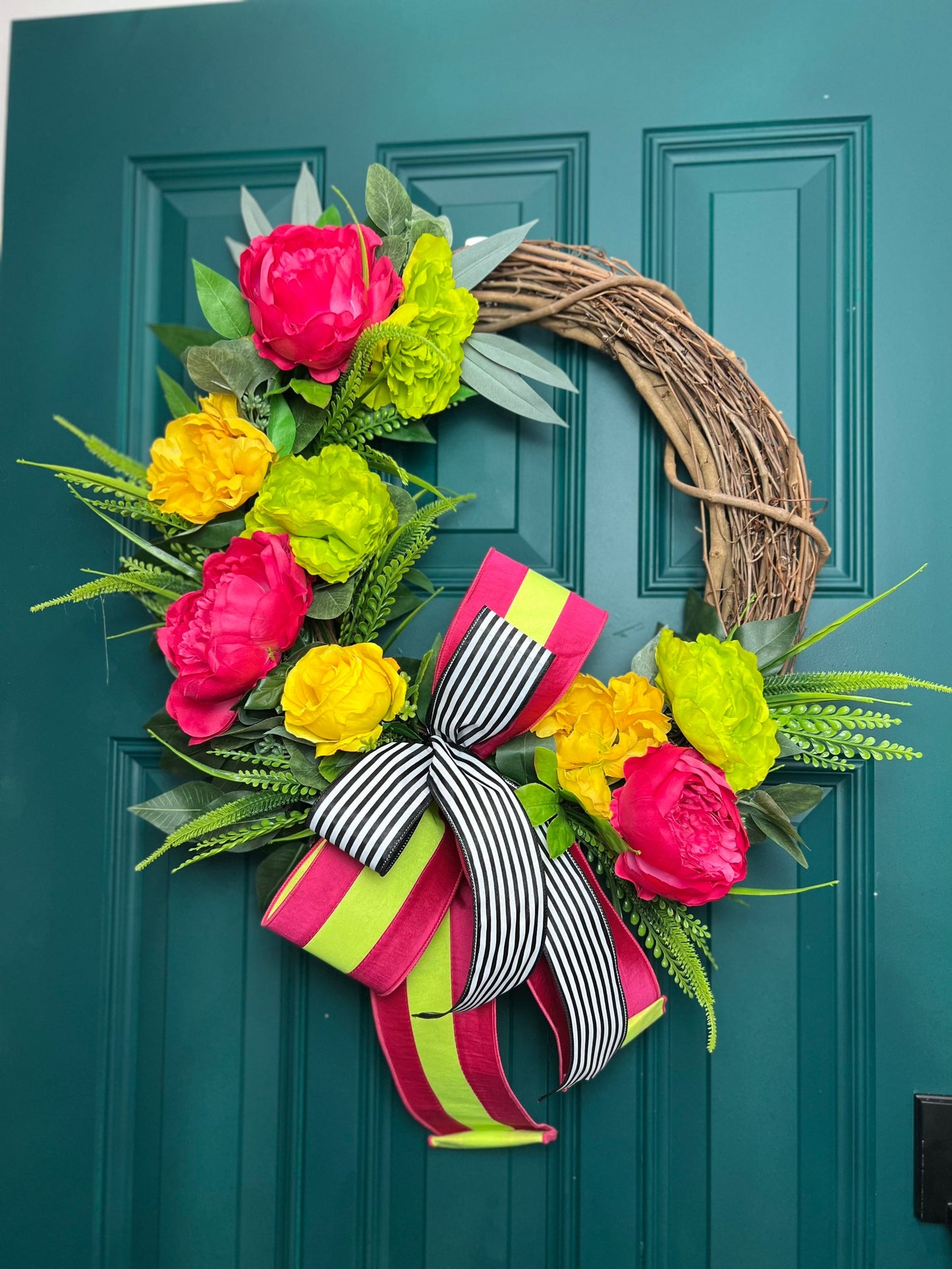 Summer Wreath for Front Door, Hot Pink and Lime Green Wreath, Peony Wreath, Summer Porch Decor, Welcome Summer Home Decor, Double Door Decor