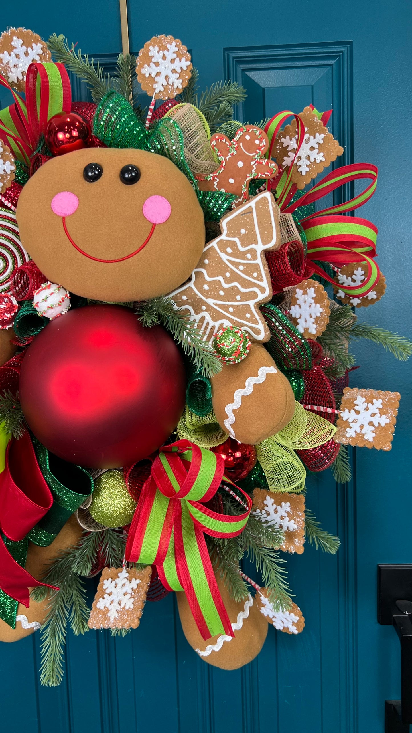 Festive Gingerbread Christmas Wreath - Handmade Holiday Decor with Gingerbread Man and Red Ornaments, Front Door Wreath, Christmas Decor