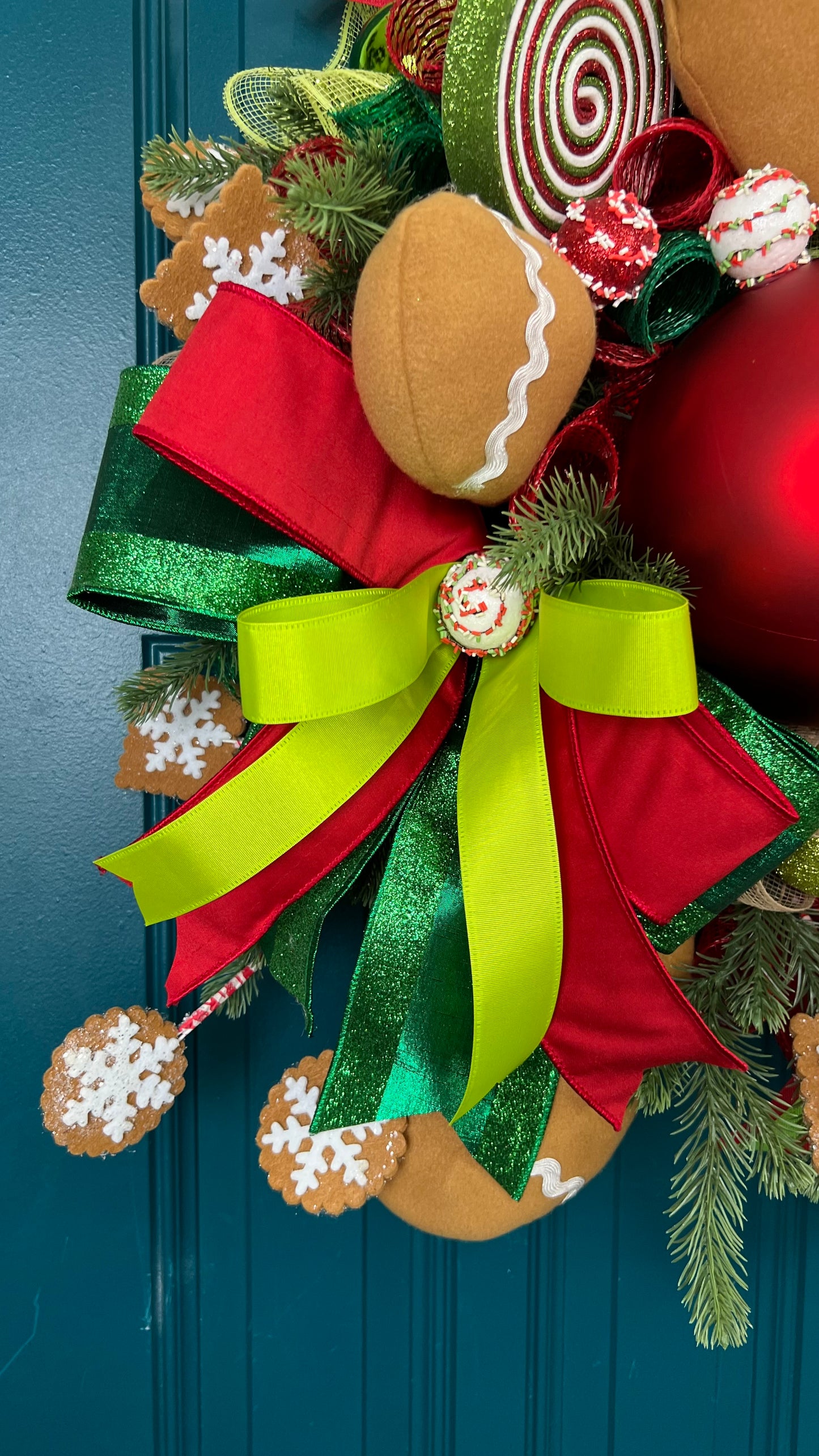 Festive Gingerbread Christmas Wreath - Handmade Holiday Decor with Gingerbread Man and Red Ornaments, Front Door Wreath, Christmas Decor