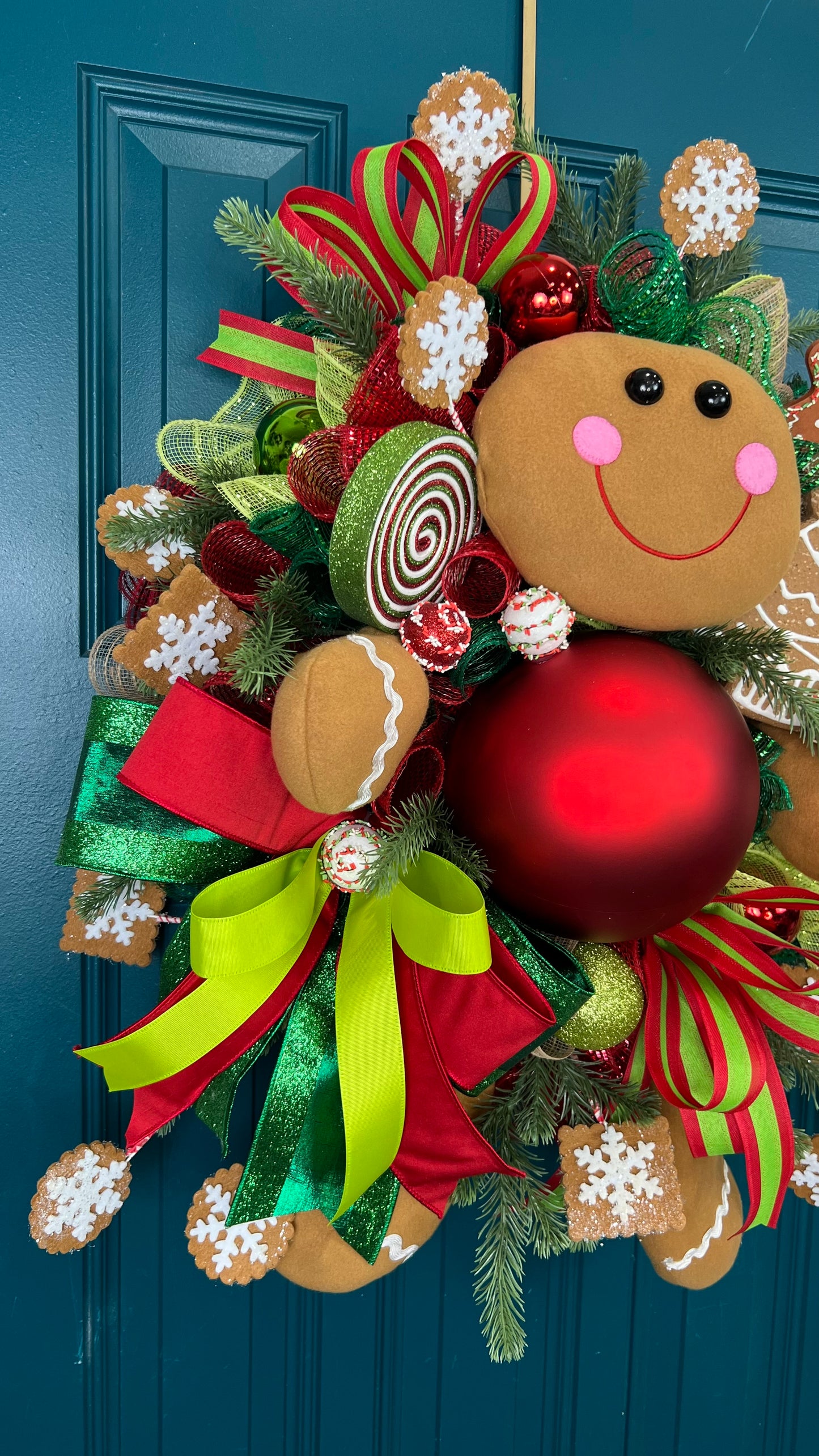 Festive Gingerbread Christmas Wreath - Handmade Holiday Decor with Gingerbread Man and Red Ornaments, Front Door Wreath, Christmas Decor