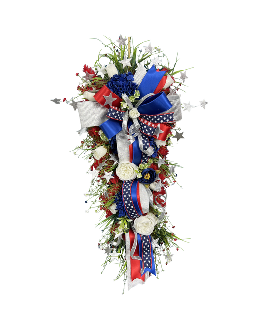 Red White Blue Double Door Swag Wreath Set, Americana Floral Patriotic Decor