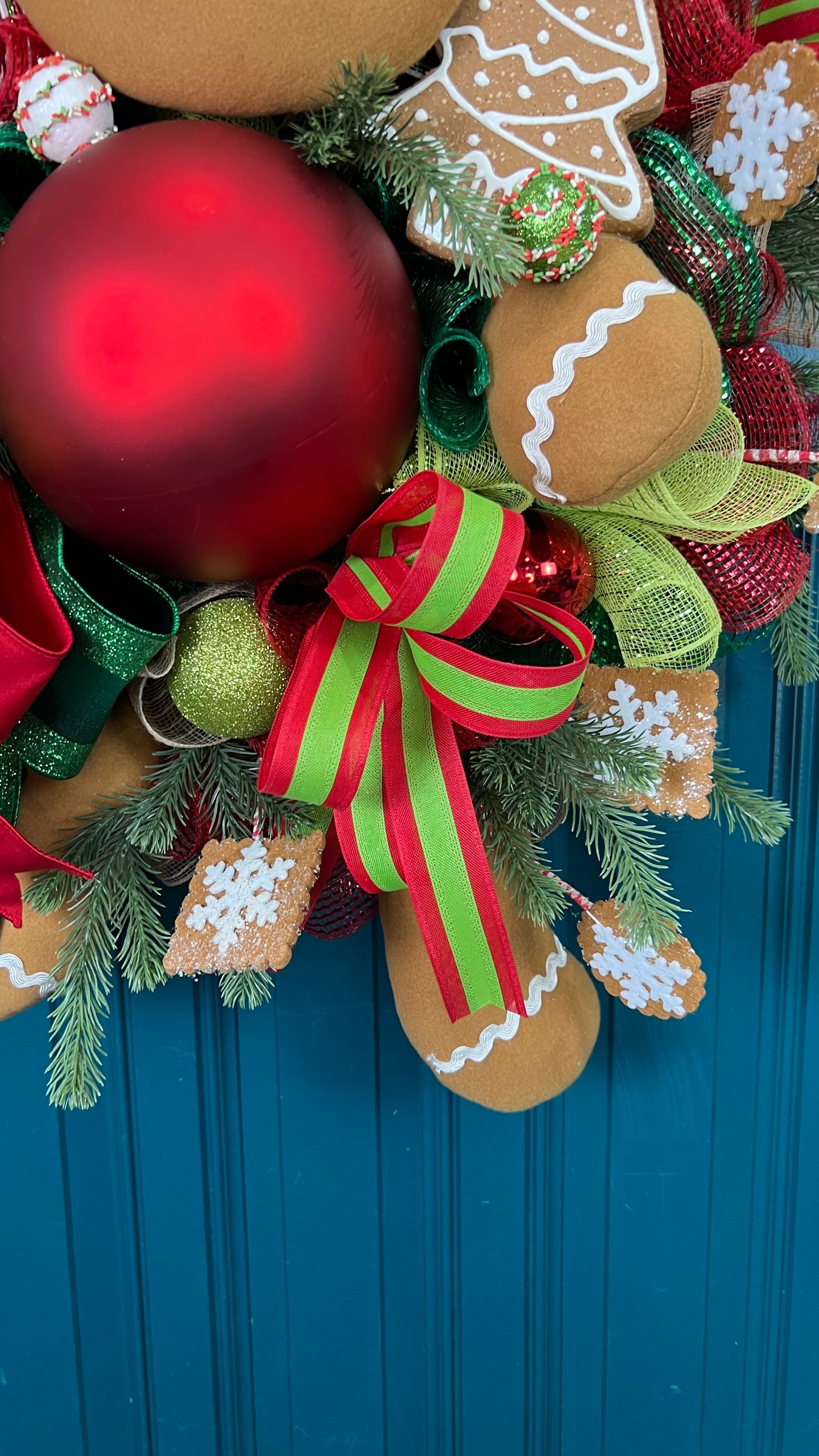 Festive Gingerbread Christmas Wreath - Handmade Holiday Decor with Gingerbread Man and Red Ornaments, Front Door Wreath, Christmas Decor