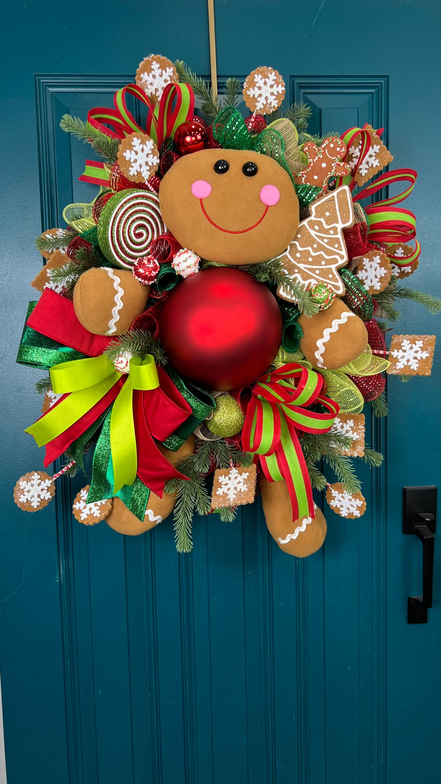 Festive Gingerbread Christmas Wreath - Handmade Holiday Decor with Gingerbread Man and Red Ornaments, Front Door Wreath, Christmas Decor