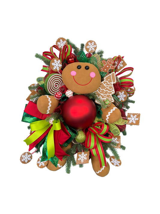 Festive Gingerbread Christmas Wreath - Handmade Holiday Decor with Gingerbread Man and Red Ornaments, Front Door Wreath, Christmas Decor