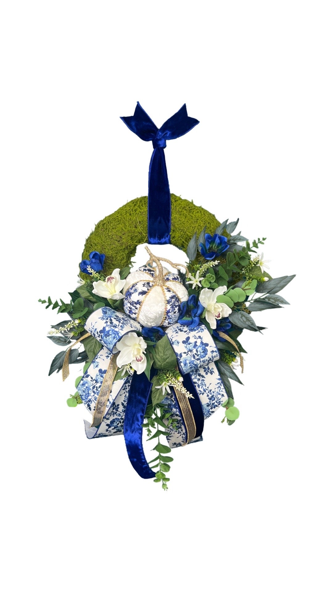 Chinoiserie Pumpkin Wreath, Blue and White Fall Decor, Velvet Ribbon Autumn Wreath, Elegant Thanksgiving Door Decoration, Handmade Seasonal