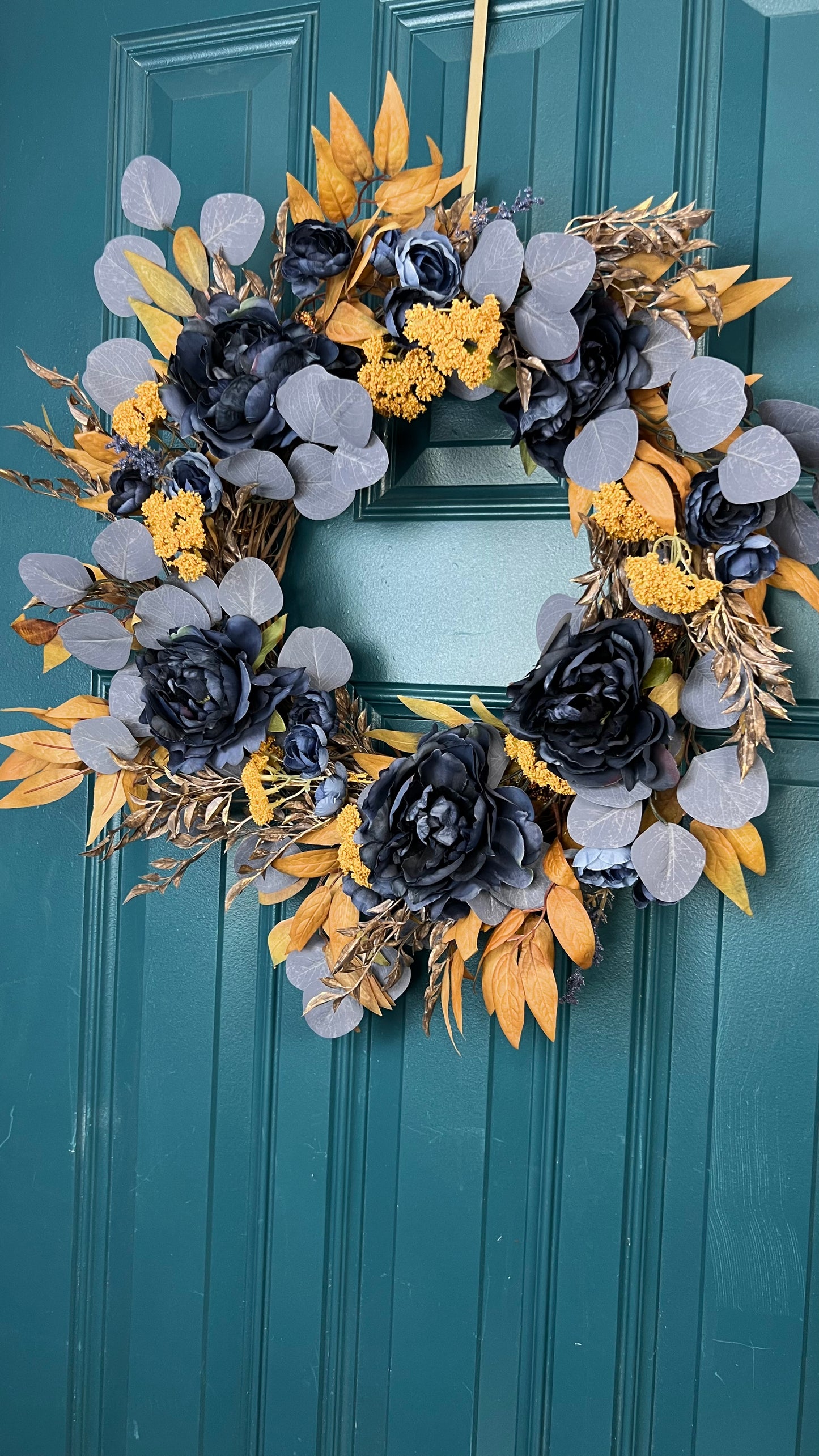 Fall Harvest Wreath, 23” Handmade Autumn Door Decor, Blue and Mustard Eucalyptus, Rust Farmhouse, Front Door Wreath, Fall Housewarming Gift