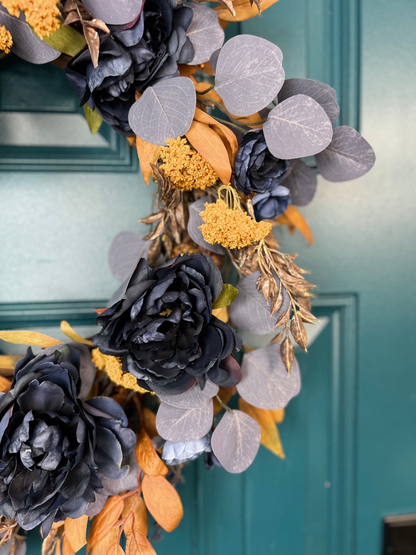 Fall Harvest Wreath, 23” Handmade Autumn Door Decor, Blue and Mustard Eucalyptus, Rust Farmhouse, Front Door Wreath, Fall Housewarming Gift