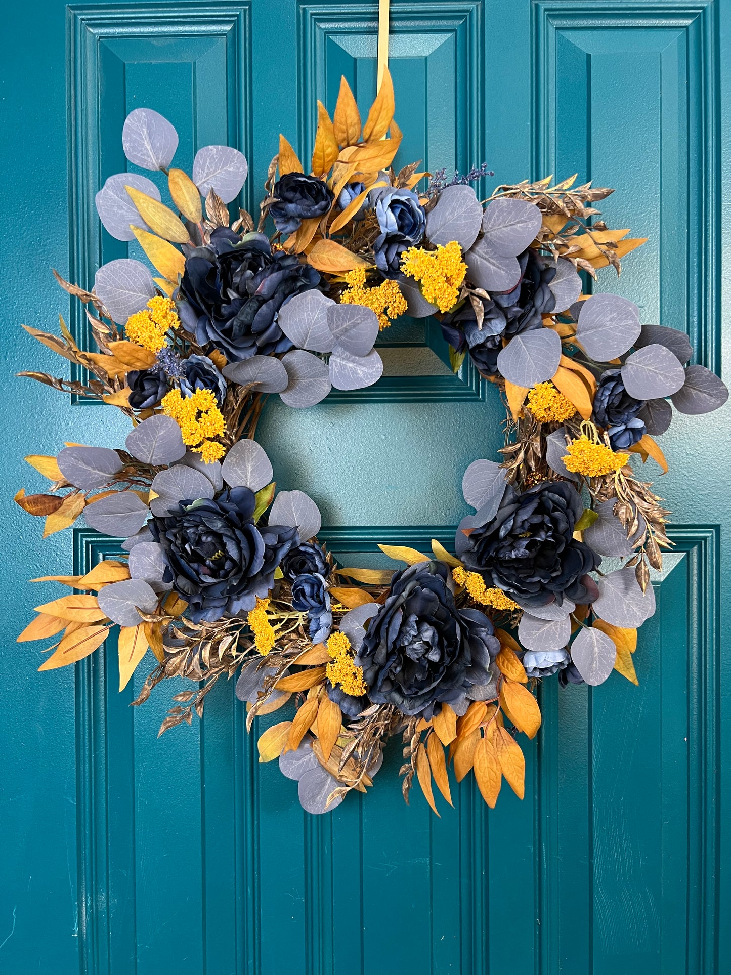 Fall Harvest Wreath, 23” Handmade Autumn Door Decor, Blue and Mustard Eucalyptus, Rust Farmhouse, Front Door Wreath, Fall Housewarming Gift