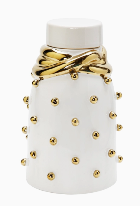 White Ceramic Jar with Gold Elegant Detail and Studded