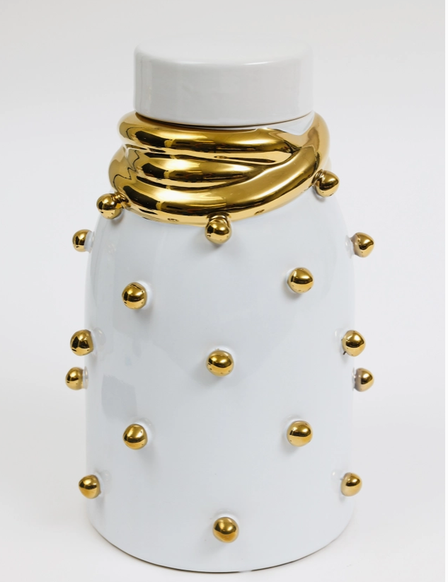 White Ceramic Jar with Gold Elegant Detail and Studded