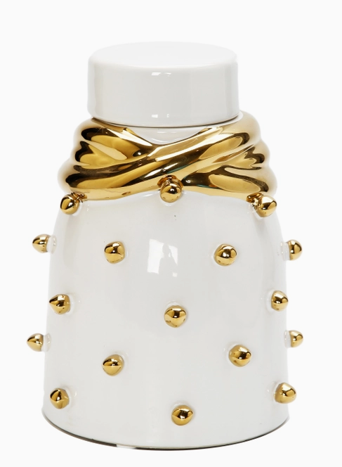 White Ceramic Jar with Gold Elegant Detail and Studded