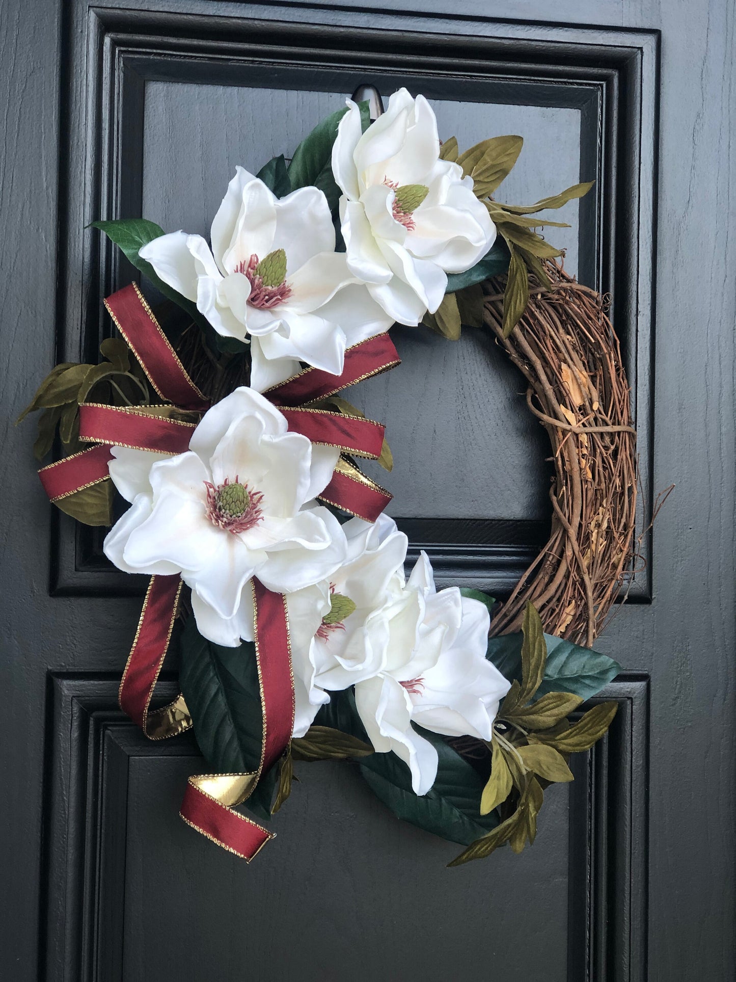 White Magnolia Wreath, Modern Farmhouse Wreath, Magnolia Holiday Decor, Burgundy Christmas Wreath