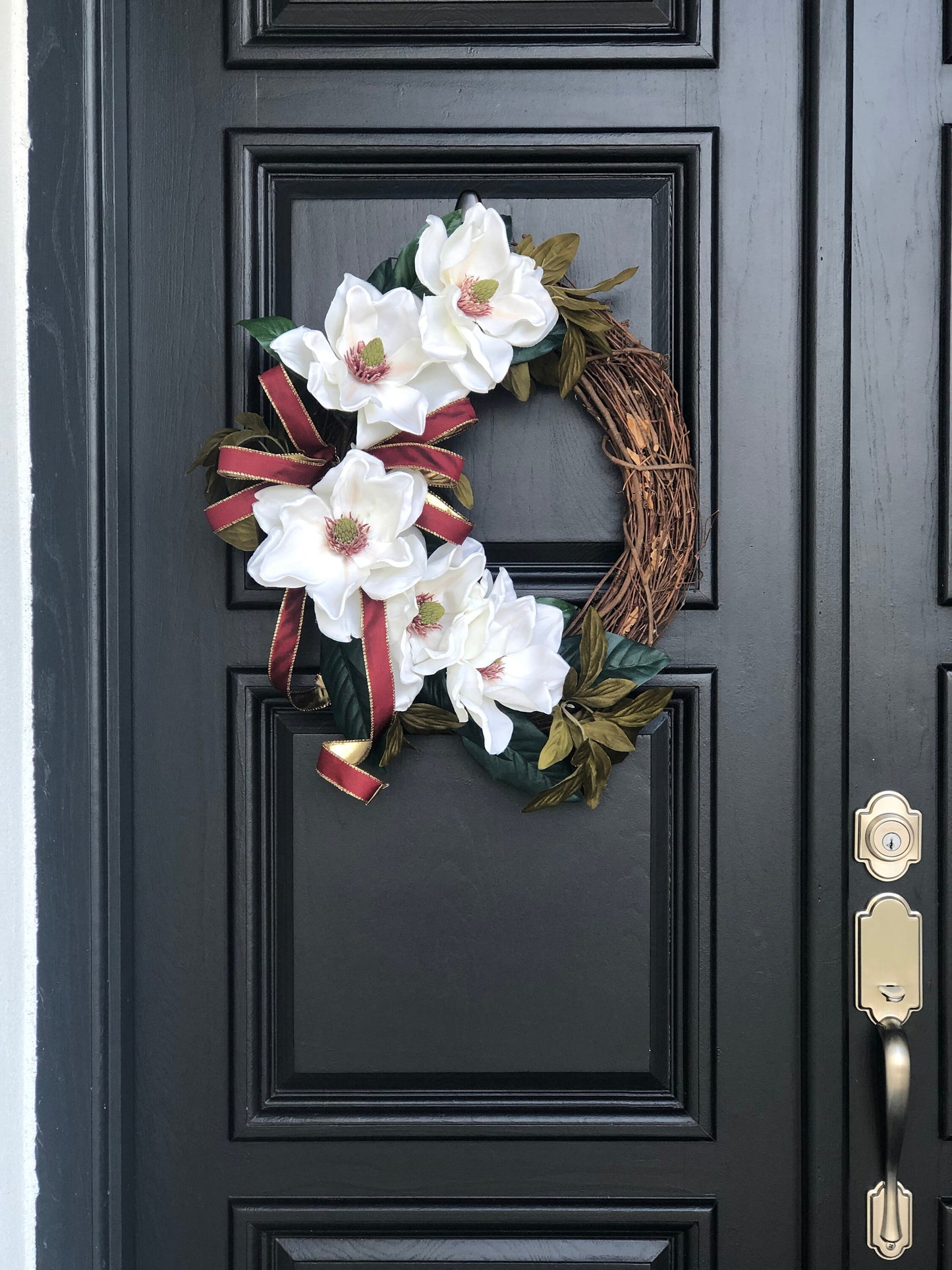 White Magnolia Wreath, Modern Farmhouse Wreath, Magnolia Holiday Decor, Burgundy Christmas Wreath