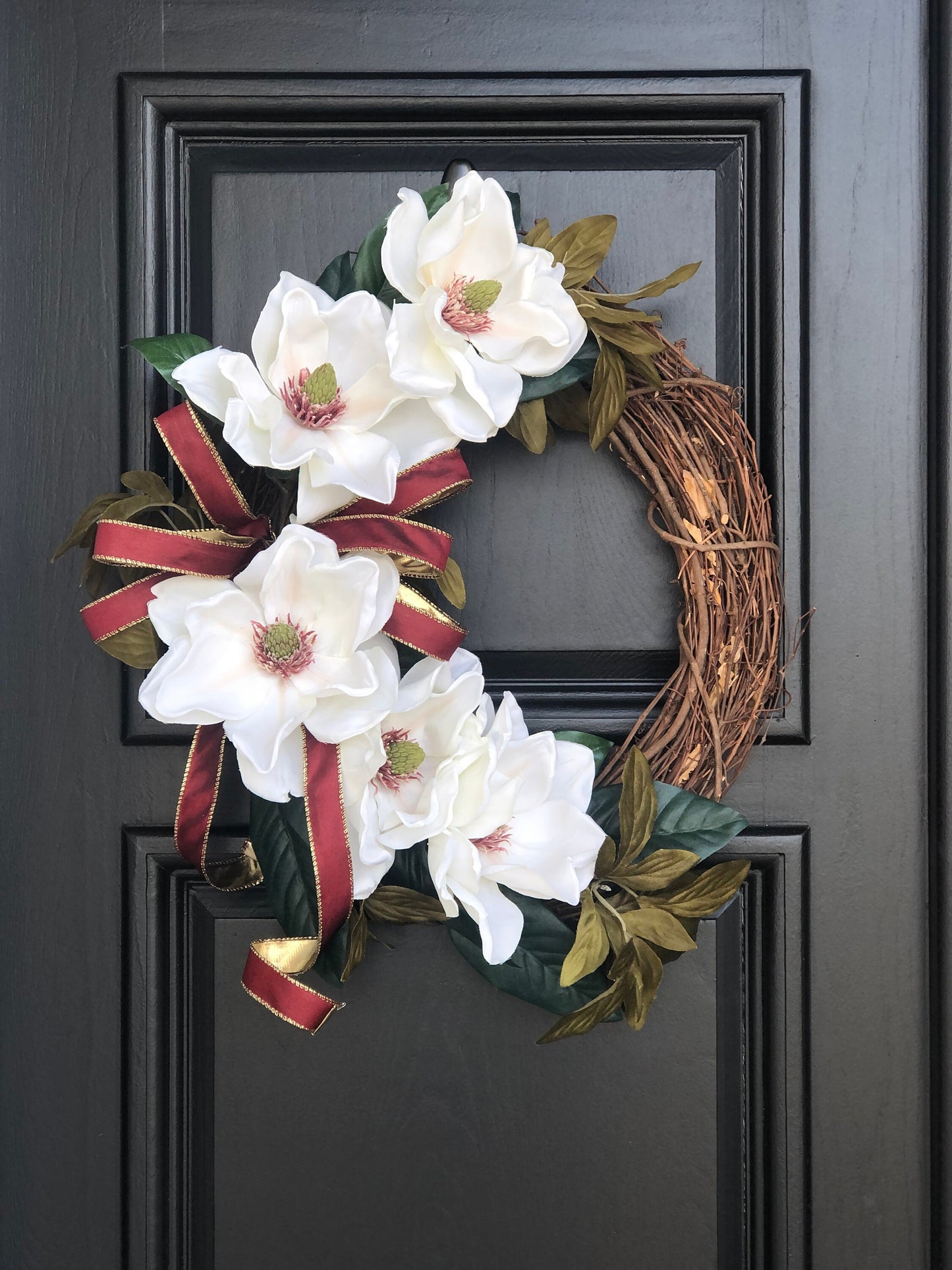 White Magnolia Wreath, Modern Farmhouse Wreath, Magnolia Holiday Decor, Burgundy Christmas Wreath