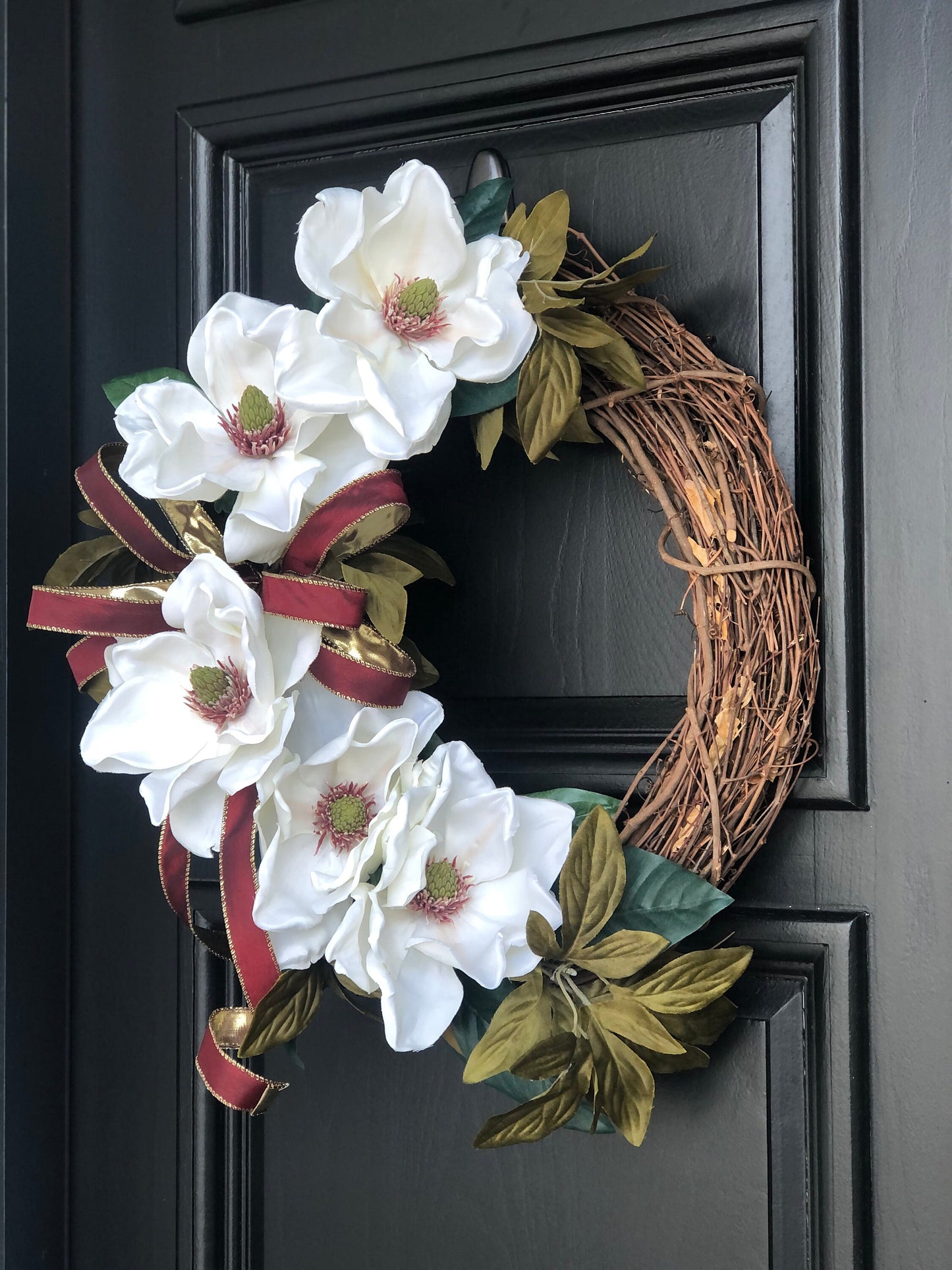 White Magnolia Wreath, Modern Farmhouse Wreath, Magnolia Holiday Decor, Burgundy Christmas Wreath