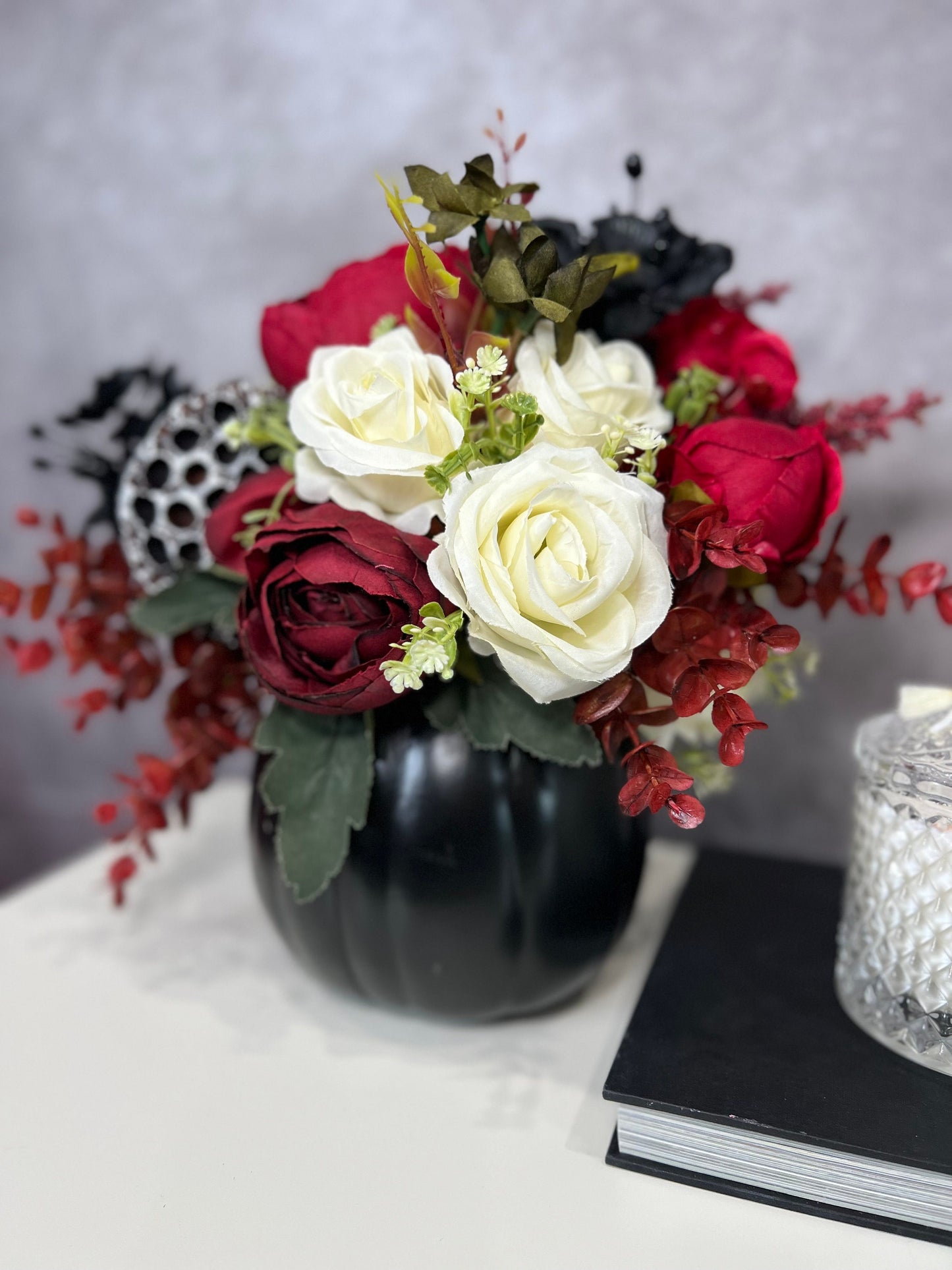 Black and Red Pumpkin Halloween Arrangement