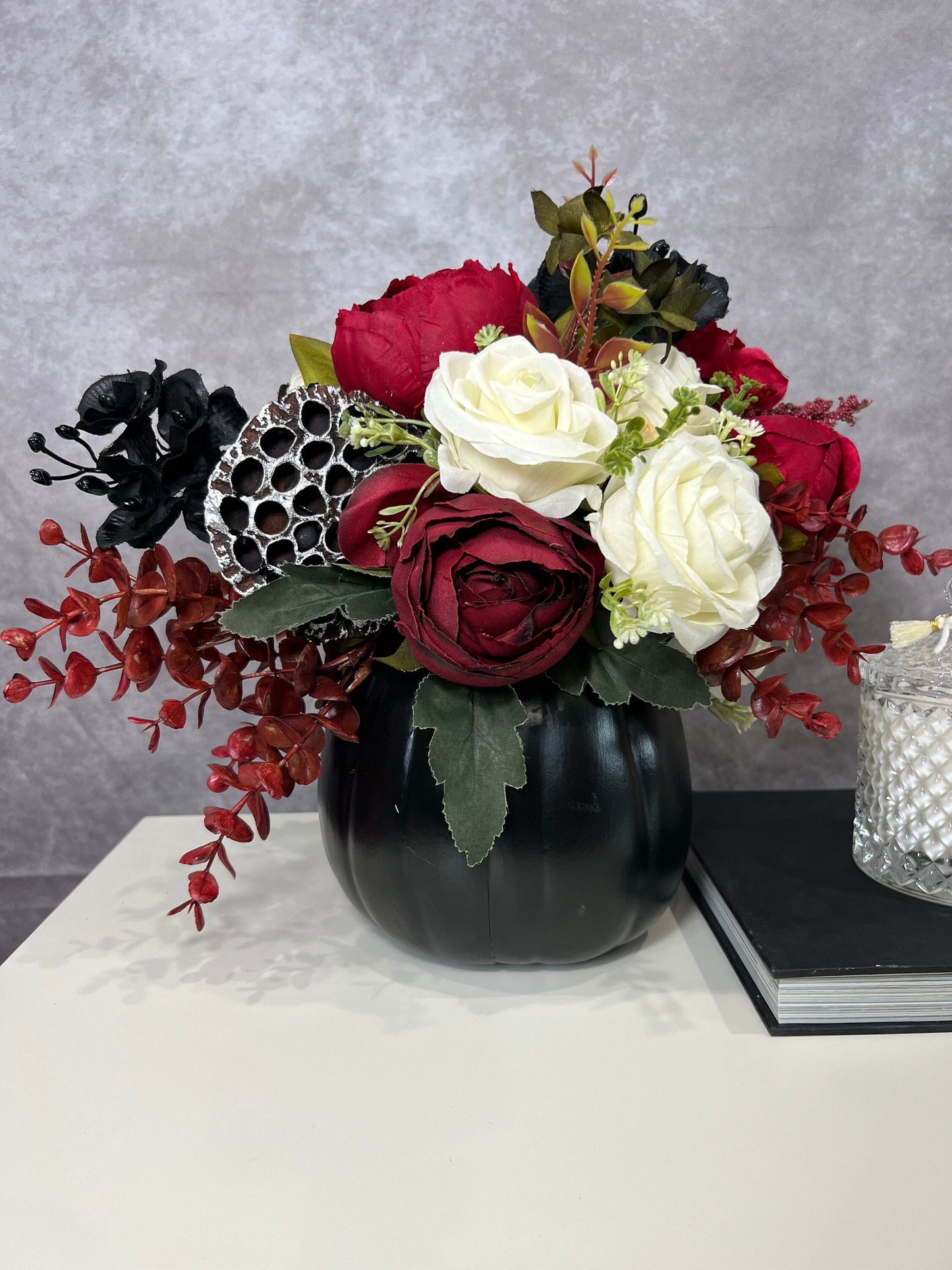 Black and Red Pumpkin Halloween Arrangement