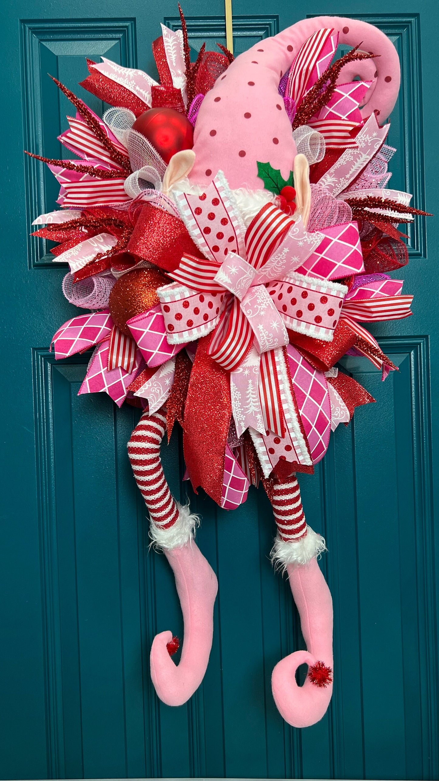 Pink Elf Front Door Wreath for Christmas