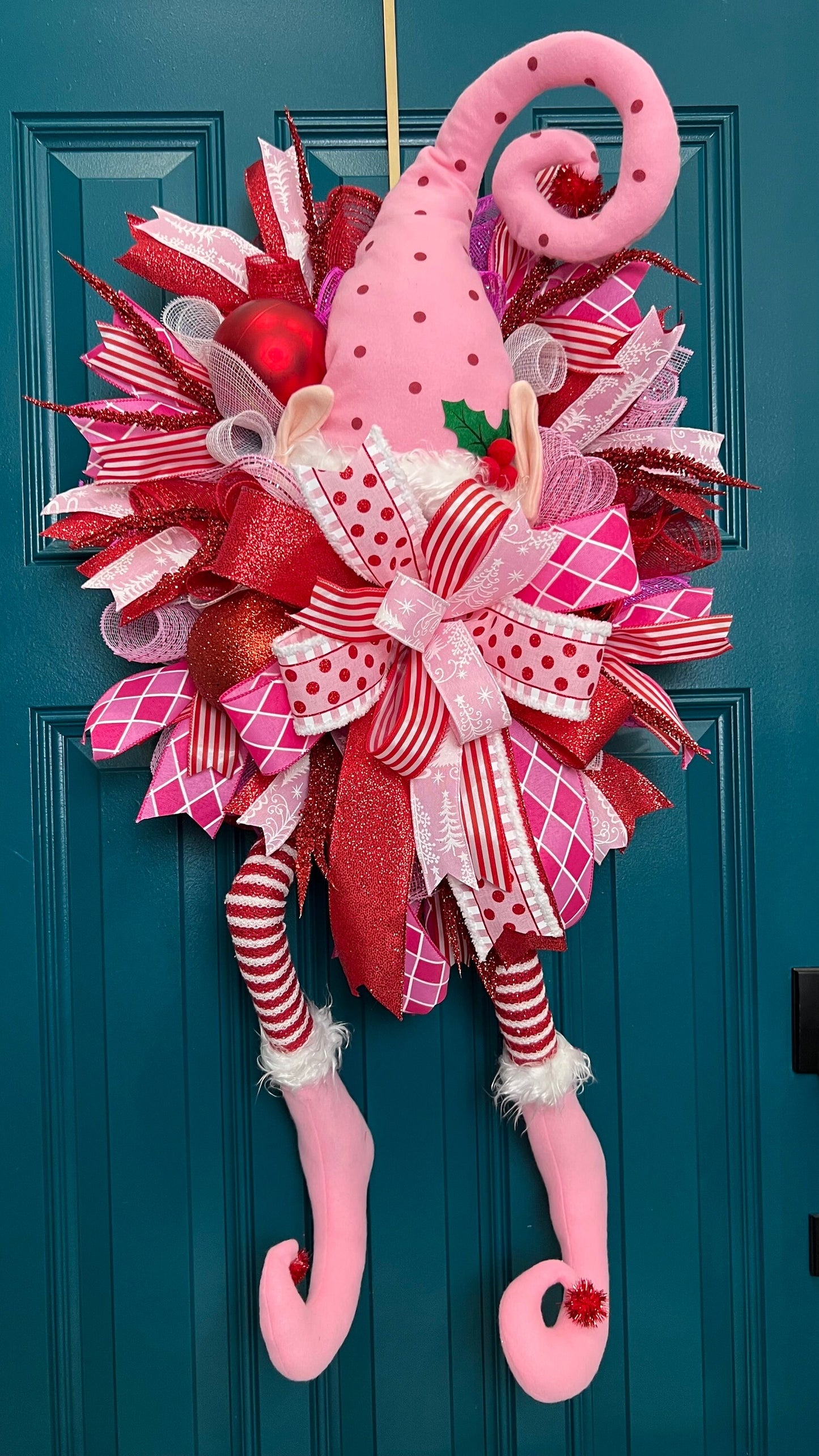 Pink Elf Front Door Wreath for Christmas