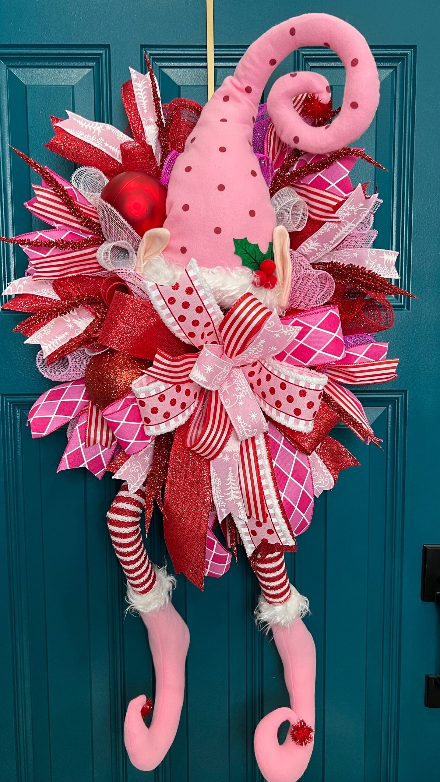 Pink Elf Front Door Wreath for Christmas